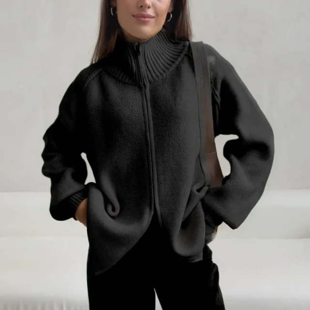 Solid Color Stand Collar Knitted Cardigan Women's Top Black - Shop at LoveMi