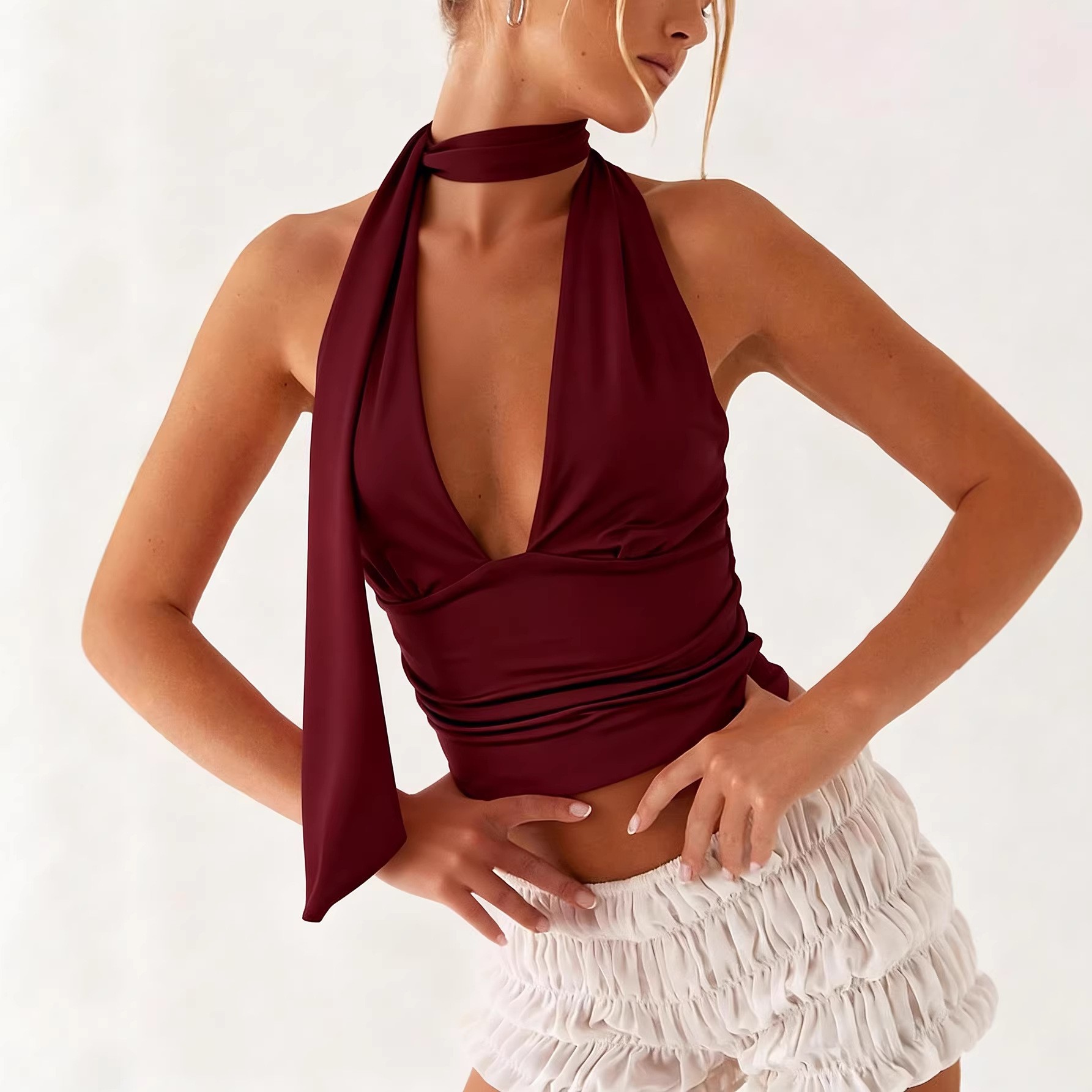 Deep V-neck Ruched Slim-fit Backless Short Womens Top - Image 1