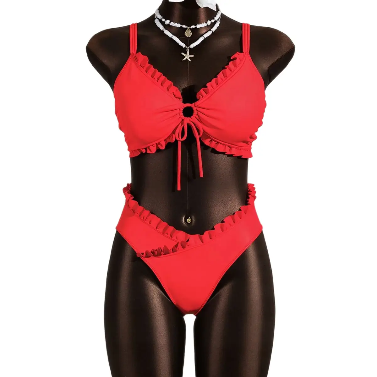New Style Red Two-Piece Swimsuit For Women High-Waisted With Ruffle Trim