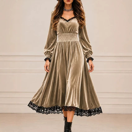 Casual Autumn Lace-Patchwork Velvet Evening Dress — foto 4