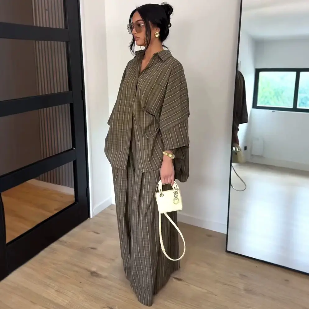 Loose-fitting Long-sleeved Plaid Shirt And Casual Wide-leg