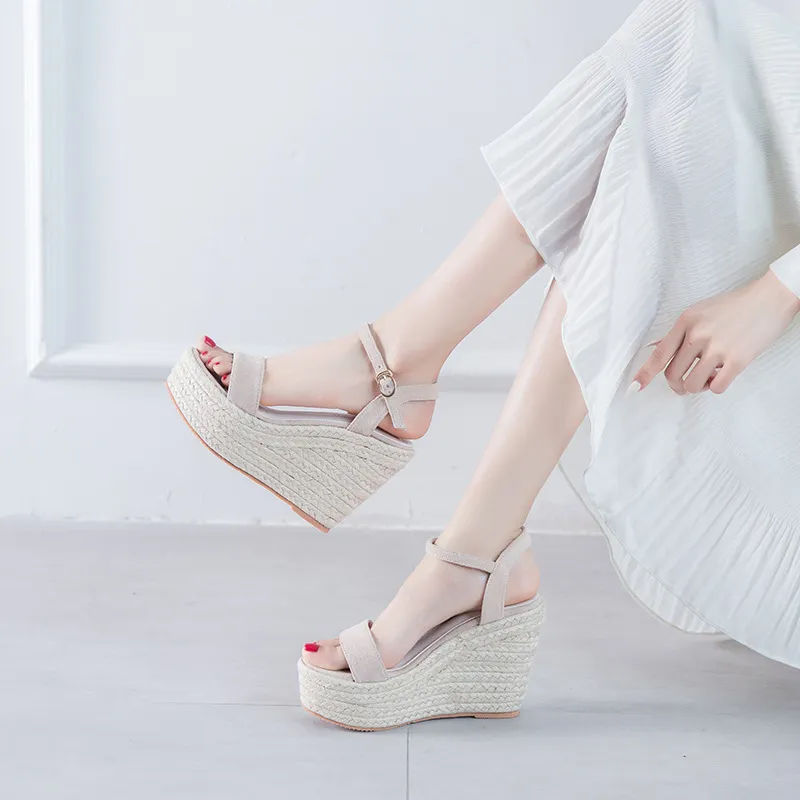 Open Toe Ankle-strap Buckle Wedge Woven Sandals - Apricot
