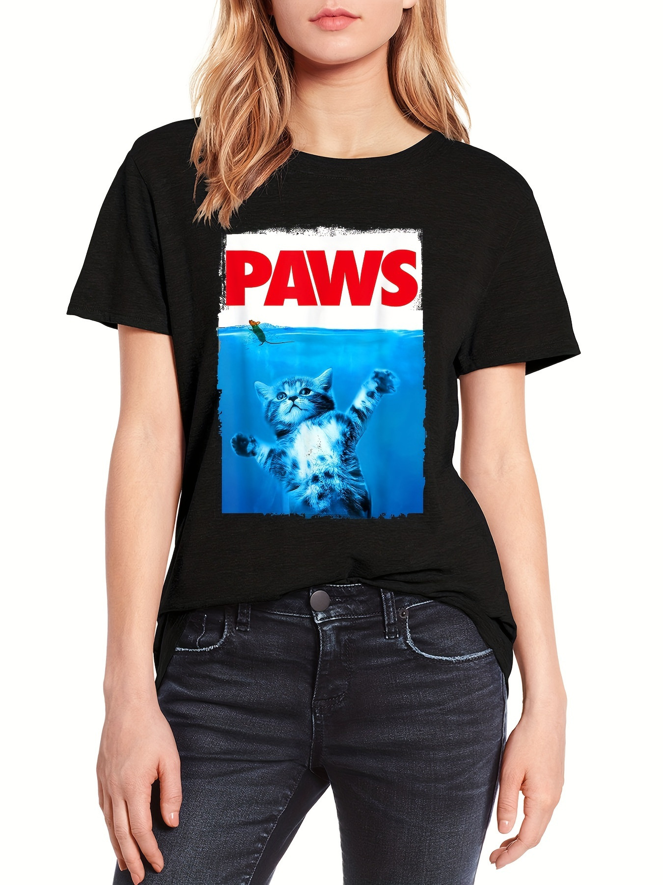 Cat-print Crew-neck T-shirt Casual Short-sleeve Top For Spring