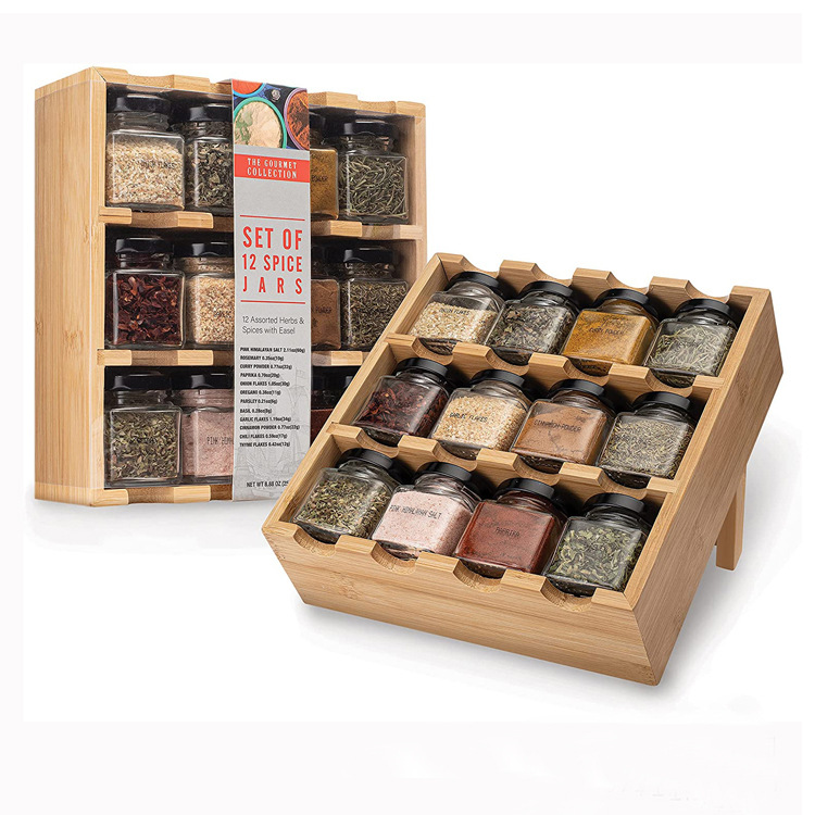 Wall-mounted Kitchen 12-grid Bamboo Cruet Shelf