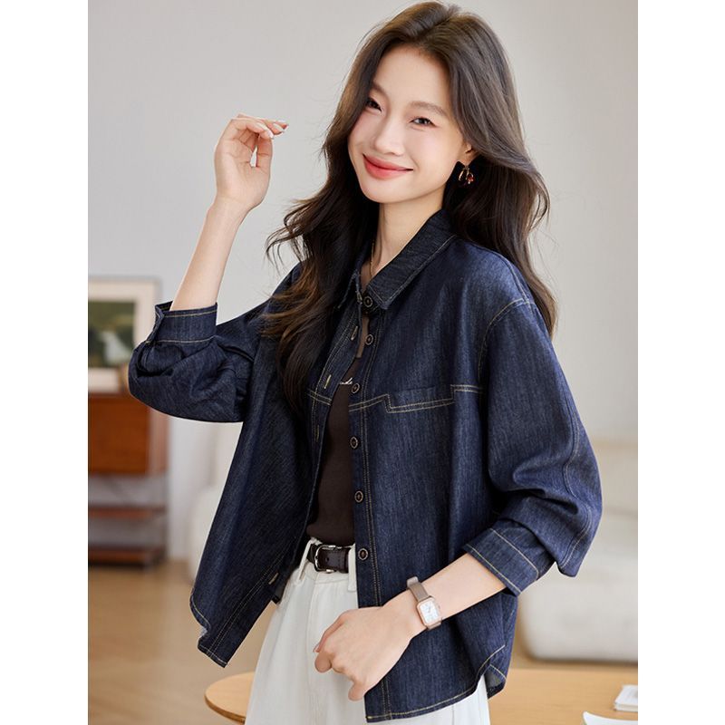 Dark Blue Long-sleeve Denim Shirt Womens Loose Fit 5