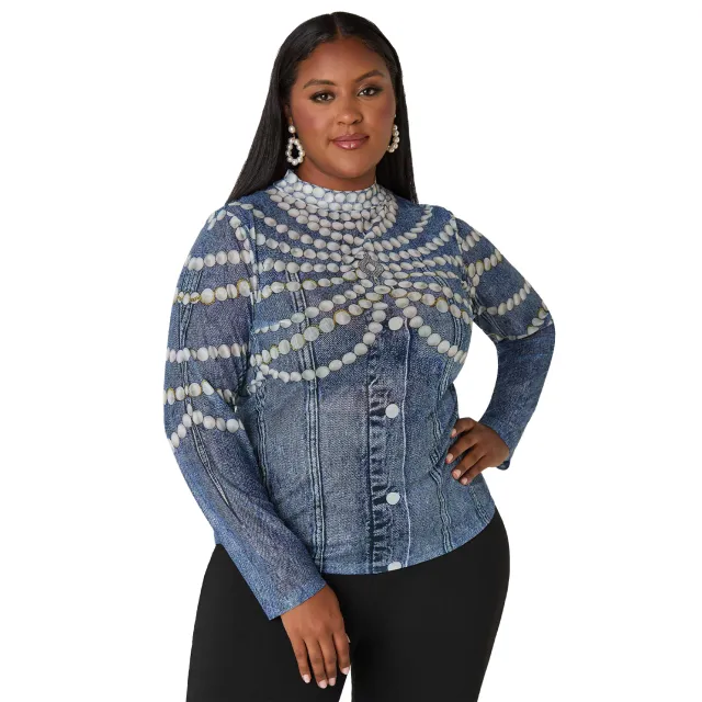 Women's New Autumn Plus Size Casual Top With Print Blue - Shop at LoveMi