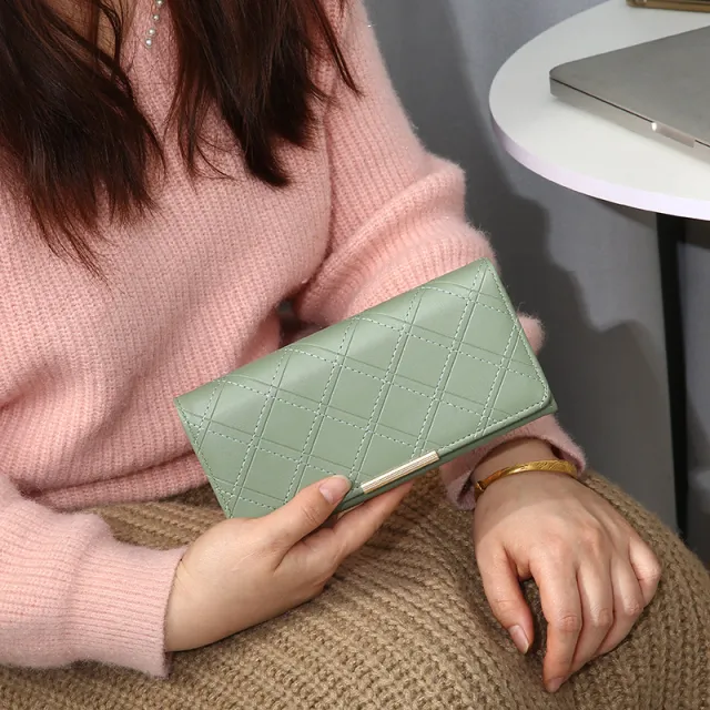 Women's Embroidery Thread Rhombus Clutch Wallet Large Capacity Green - Shop at LoveMi