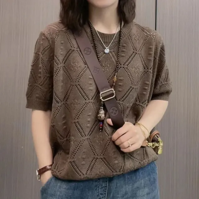 Summer Knitwear Women's Thin Short Sleeve Round Neck Sweater Brown - Shop at LoveMi