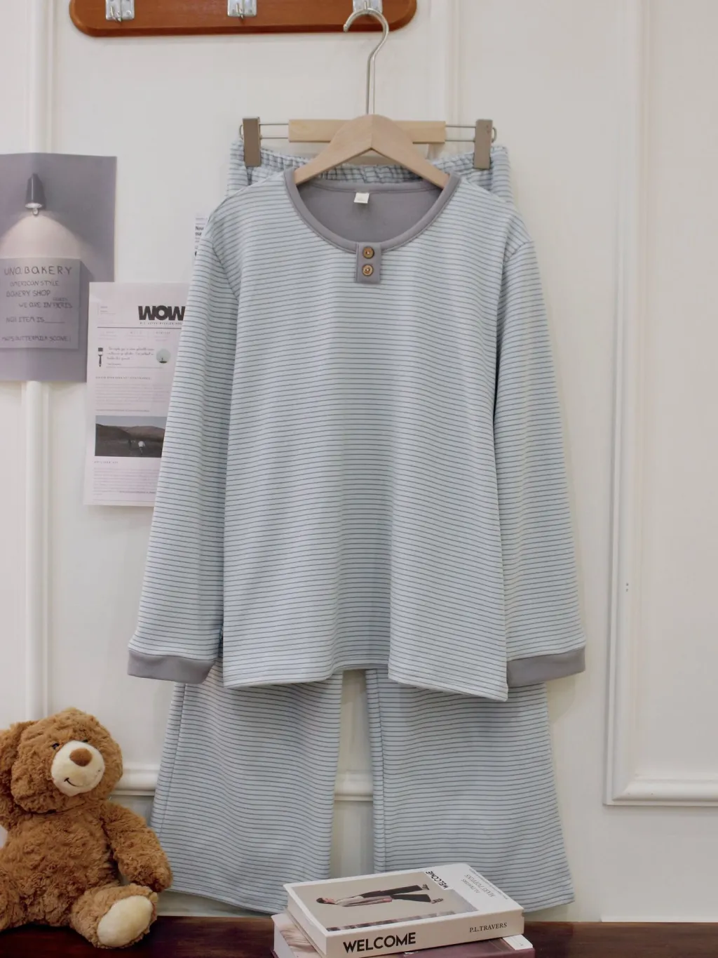 Round Neck Pullover De Velvet Pajamas Women's Autumn Long-sleeved Trousers Striped Homewear Suit - Light Blue Stripe Suit