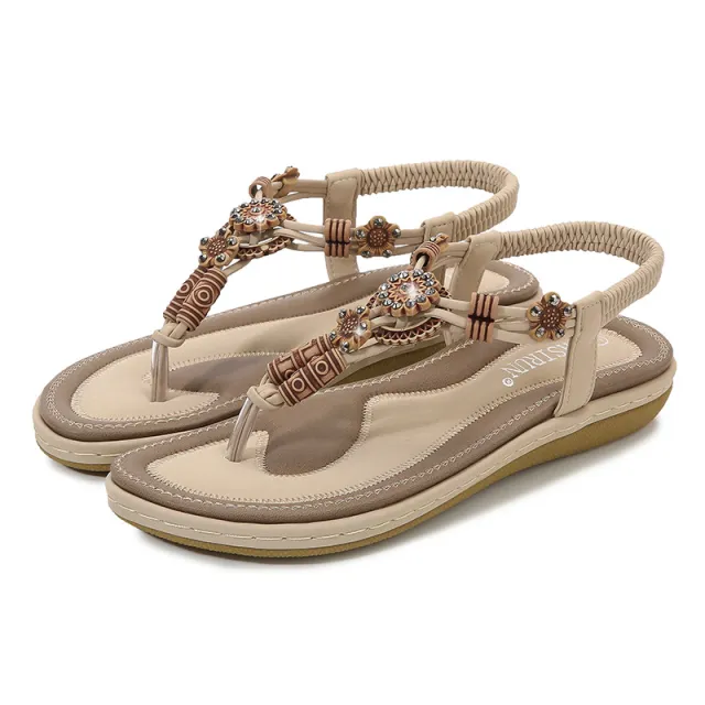 Women's Sandals Wooden Bead Woven Large Size Flat Bottom Casual Apricot - Shop at LoveMi