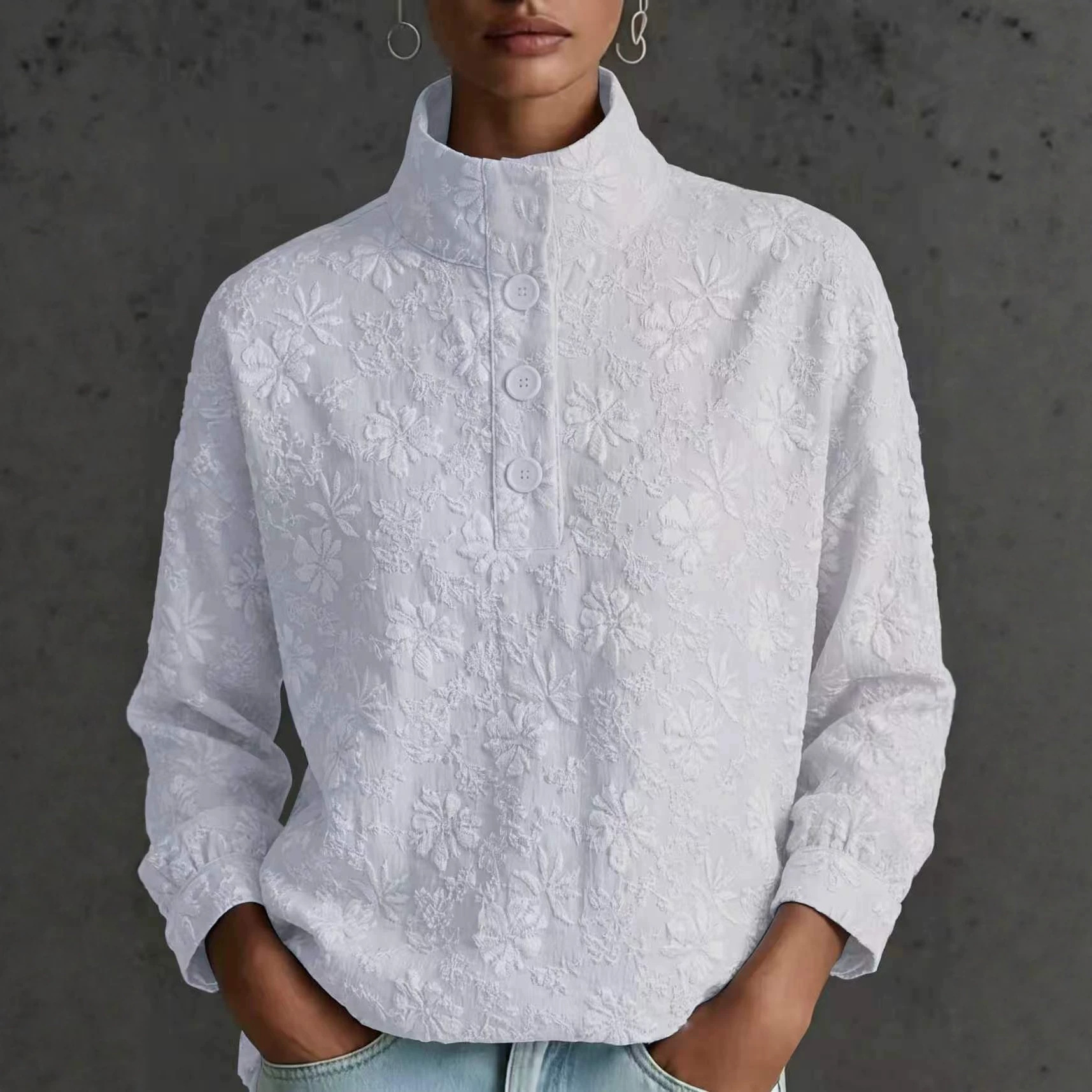 Stand-up Collar Half-placket Drop-shoulder Long-sleeve Pullover Top