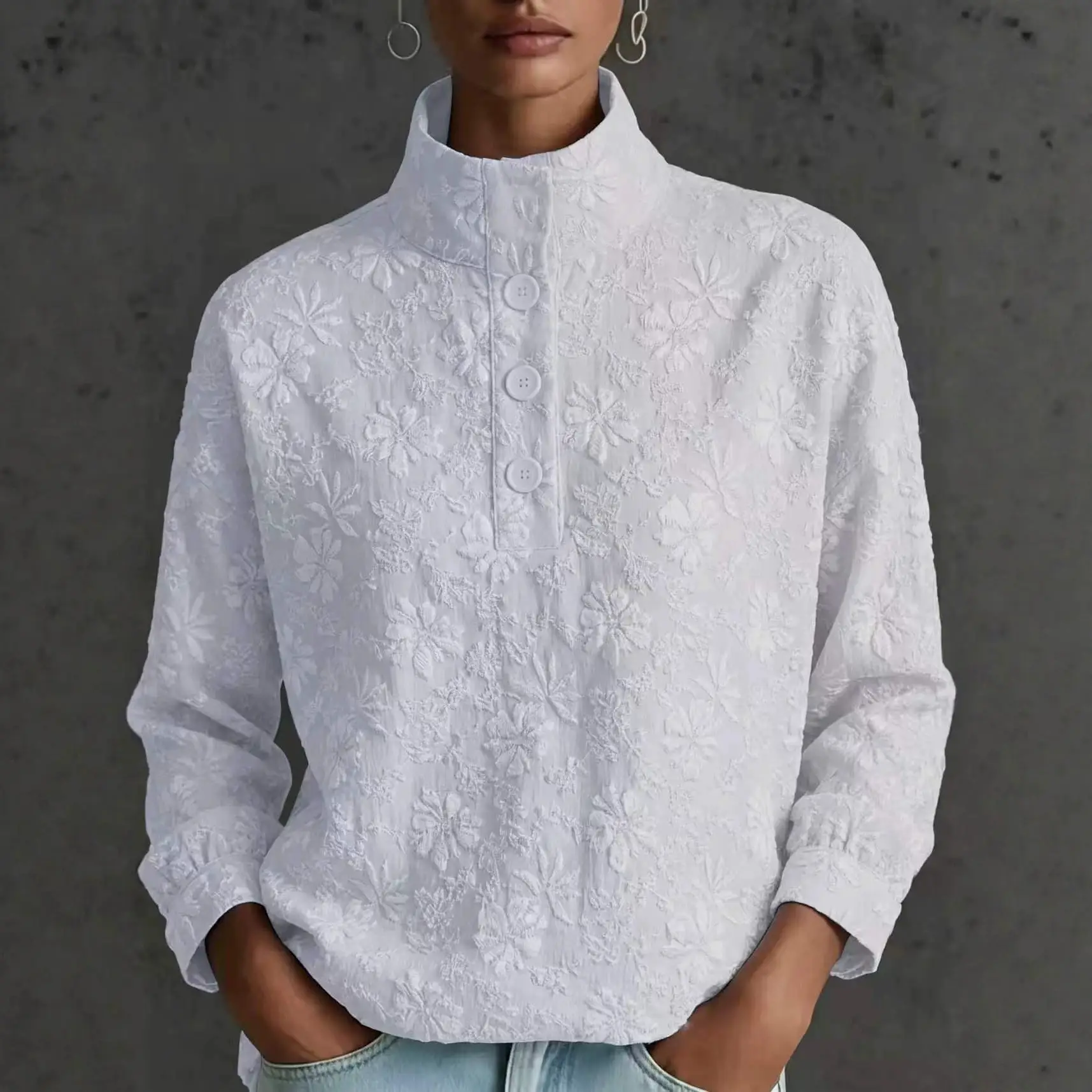Stand-up Collar Half-placket Drop-shoulder Long-sleeve Pullover Top