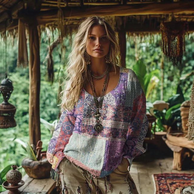 Digital Print Women's Round Neck Retro Bohemian Top Dz210720 S - Shop at LoveMi
