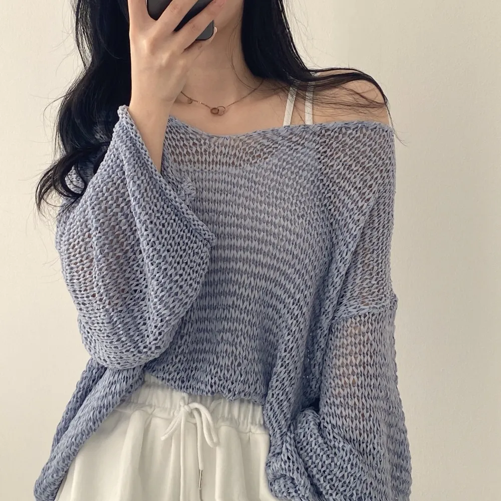 Off-the-shoulder Pure Desire Blouse French Sweet Long Sleeve Top - Blue