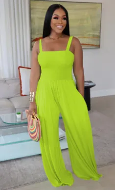 Women's Clothing Solid Color Casual Strap Tube Top Wide Leg Jumpsuit Grass Green - Shop at LoveMi