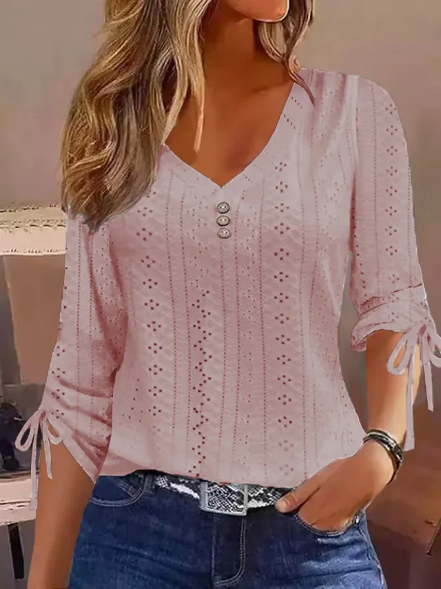Solid Color Jacquard Button Long sleeved T shirt Top Pink - Shop at LoveMi