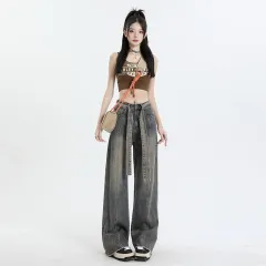 Straight Jeans Women's High Street High Waist Wide Leg Loose Slimming Pear Shapes Pants - Retro Blue Lengthened - View 1