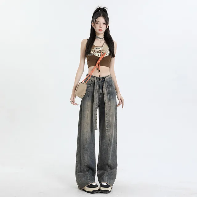 Straight Jeans Women's High Street High Waist Wide Leg Loose Slimming Pear Shapes Pants Retro Blue Lengthened - Shop at LoveMi