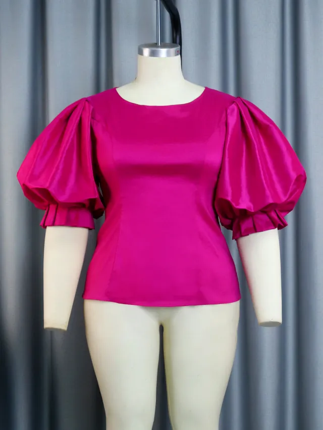 Summer Satin Lantern Sleeve Waist controlled Top Rose Red - Shop at LoveMi