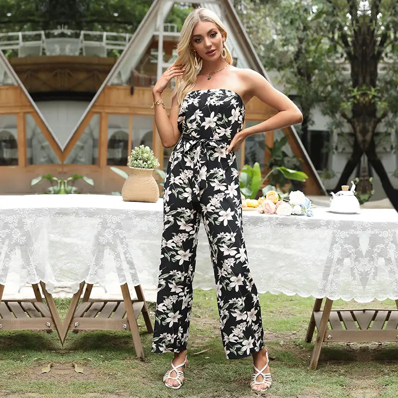 Womens Slimming Waist-Cinching Sleeveless Printed Off-Shoulder Jumpsuit Trousers