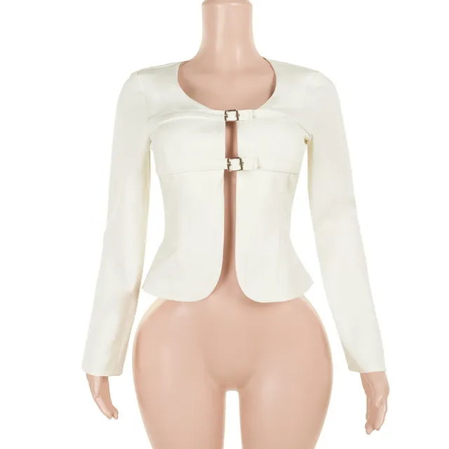 Casual All match Round Neck Metal Buckle Solid Color Long Sleeve Jacket Apricot - Shop at LoveMi