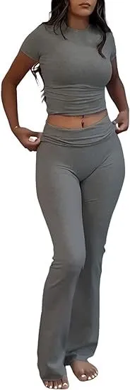 Casual Workout Round Neck Top Low Waist Bell bottom Pants Sportswear Suit Dark Gray - Shop at LoveMi