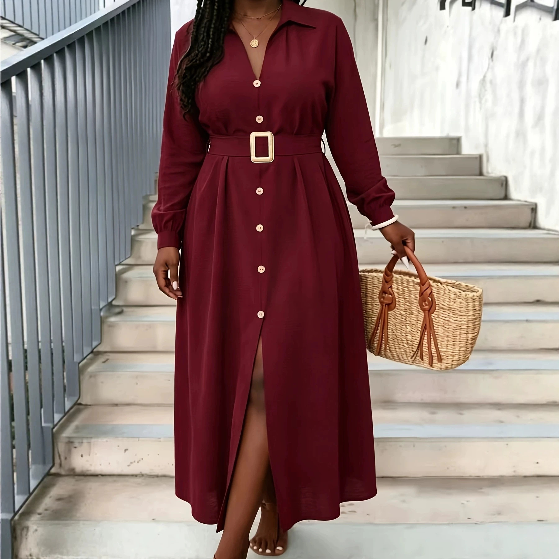 Waist-cinching Figure-flattering V-neck Long-sleeve Dress For Women