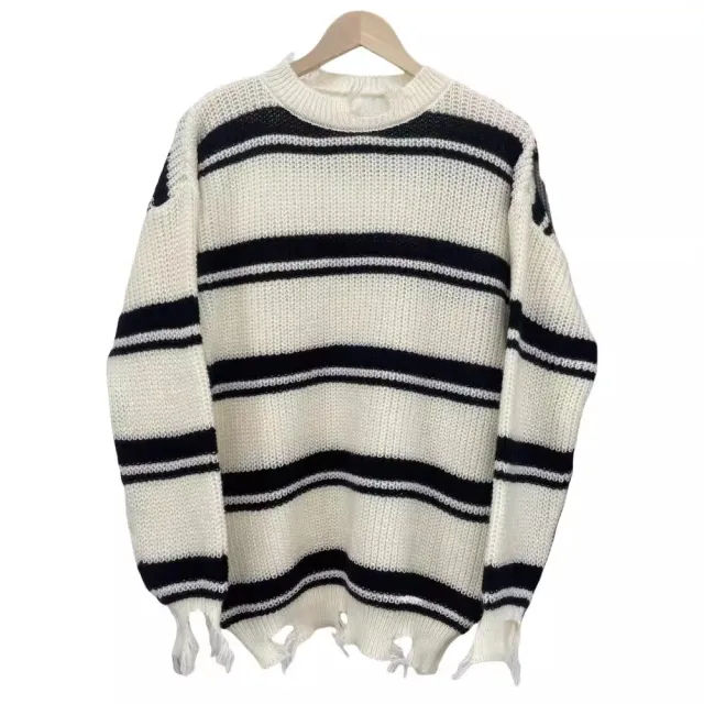 Color Blocking Round Neck Loose Sweater Coat White - Shop at LoveMi