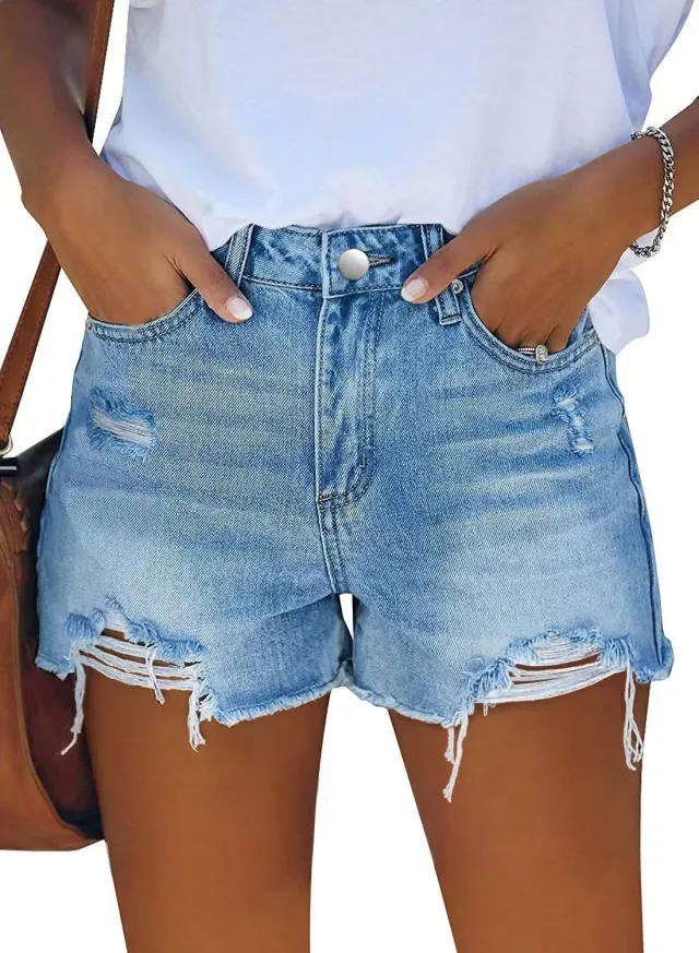 Women's Wash Hole Slim Fit All matching Denim Shorts Light Blue - Shop at LoveMi