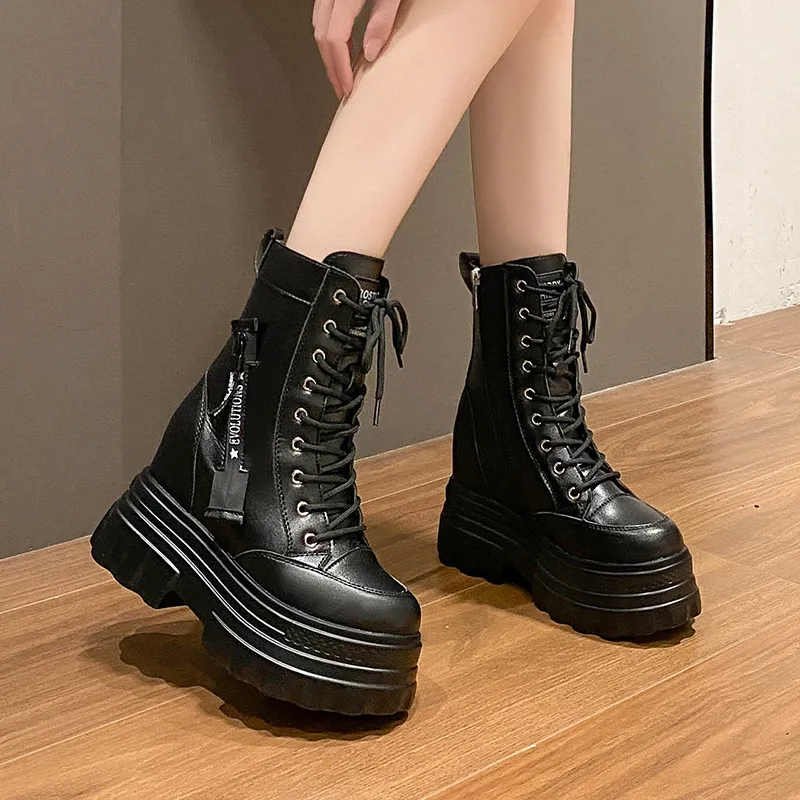 Womens Non-Slip High-Top Ankle Boots With Side Zipper And Laces - Black