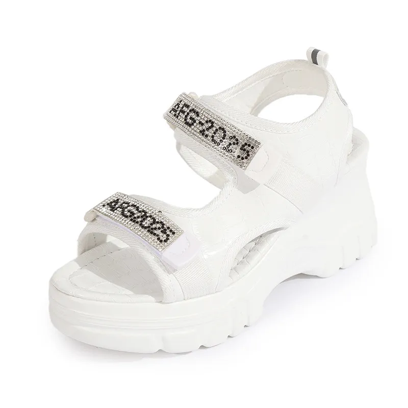 Womens Rhinestone Lettered Wedge-Heel Casual Sandals - Red