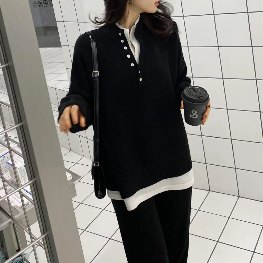 Loose Leisure Pullover Sweater Suit Sports Style Design Wide Leg Pants Two-piece Set - Black