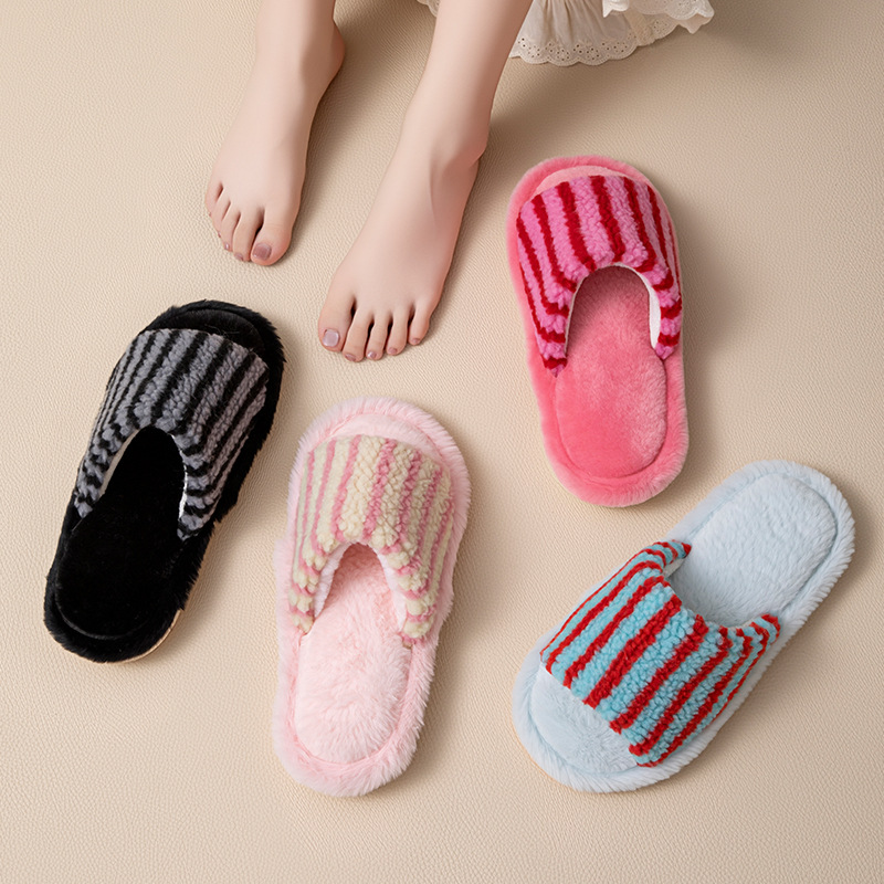 Women's Plush Slippers With Striped Color-block Design And Open Toe
