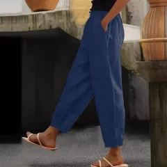 Spring And Autumn New Women's Cotton And Linen Solid Colour Fashion Casual Daily Elasticated Slacks - Dark Blue - View 1
