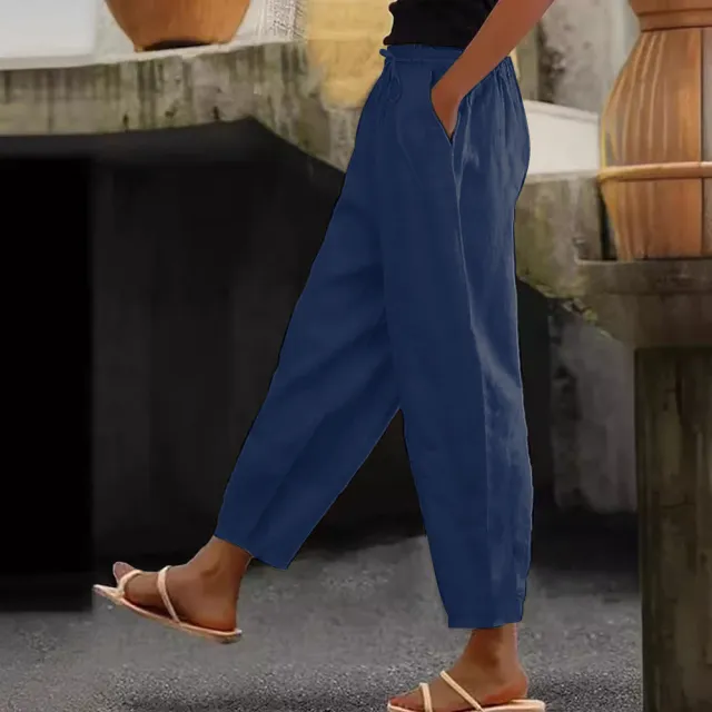 Spring And Autumn New Women's Cotton And Linen Solid Color Fashion Casual Daily Elasticated Slacks Dark Blue - Shop at LoveMi