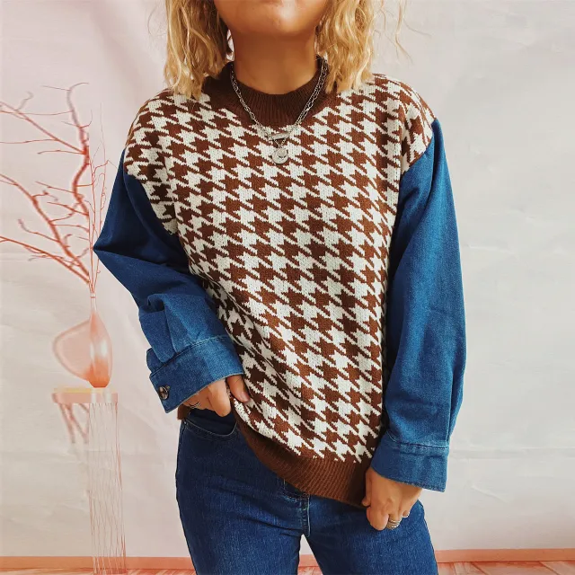Women's Denim Sleeve Stitching Houndstooth Round Neck Long Sleeve Sweater Brown - Shop at LoveMi