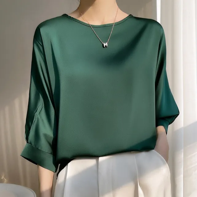 Women's Round Neck Mulberry Silk Loose Satin Cropped Ice Silk Short Sleeve T shirt Top Green - Shop at LoveMi