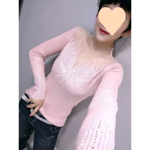Women's Stitching Mesh Hollow Diamond All matching Long Sleeve Top Pink A5 - Shop at LoveMi