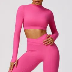 Brushed Tight Long-sleeved Beauty Back Yoga Clothes - Magenta-M - View 1