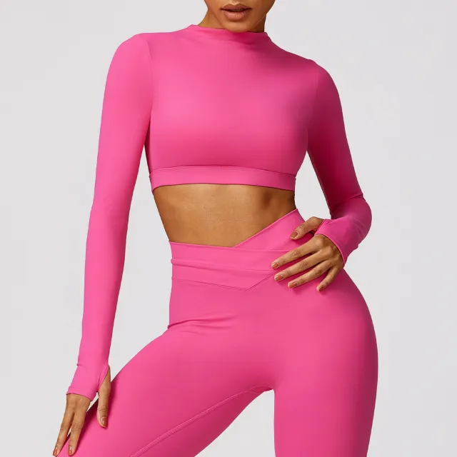 Brushed Tight Long sleeved Beauty Back Yoga Clothes Magenta M - Shop at LoveMi