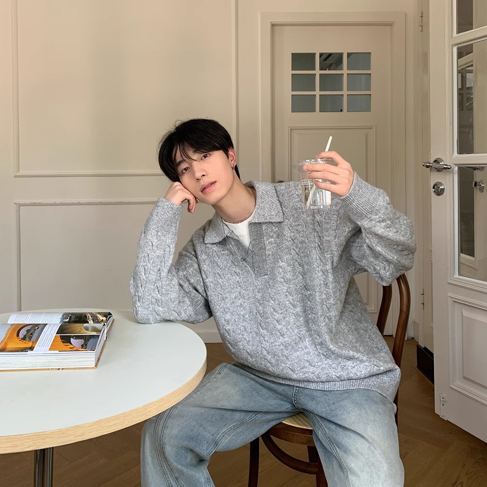 Mens Retro Herringbone Textured Lapel Pullover Sweater