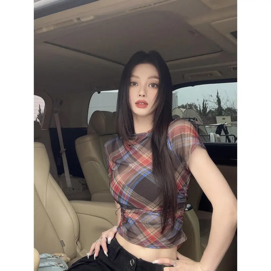 Retro Plaid Crew Neck Short-sleeved Shoulder T-shirt For Women - Picture Color-S