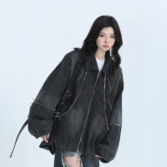 Vintage Industrial Washed Raw Edge Denim Jacket Black - Shop at LoveMi