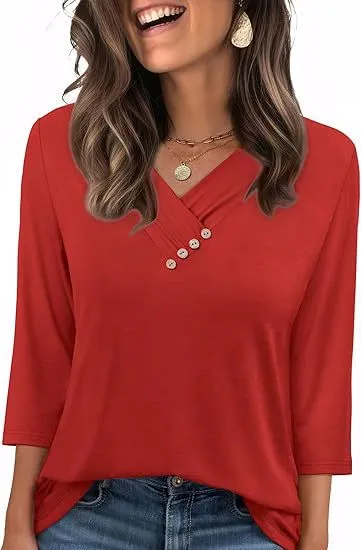 European And American New Autumn Women's Clothing Button V neck Fashion Casual Sleeve T shirt Red - Shop at LoveMi