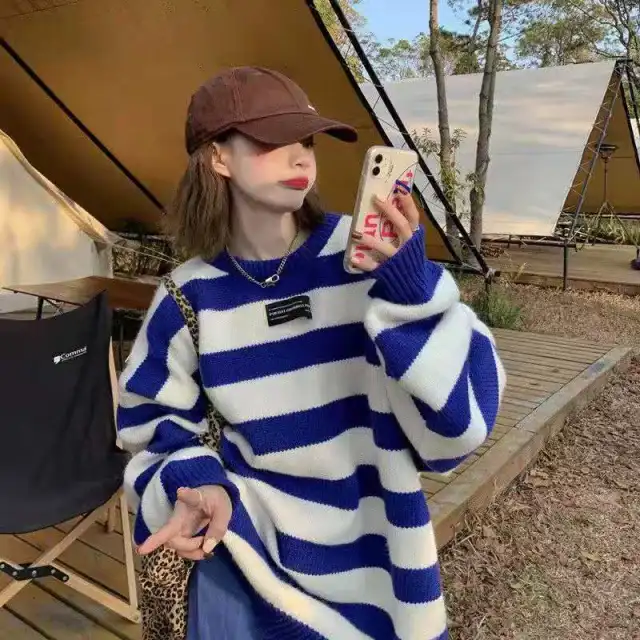 Sweet Lazy And Loose Striped Round Neck Sweater Blue - Shop at LoveMi
