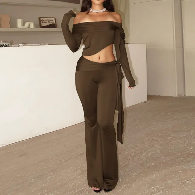 Slim Lapel Twisted Off shoulder Long Sleeve Top Suit Brown - Shop at LoveMi
