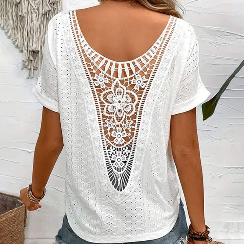 Solid-color Knitted Embroidered Hollow-out Stretchy One-piece Short-sleeved Suit — image 1