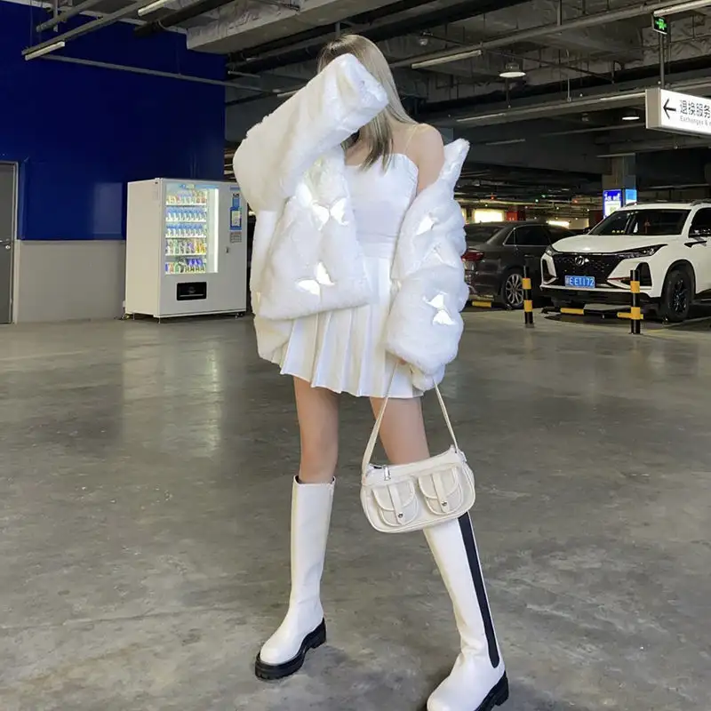 Casual Loose Plush Reflective Faux Leather Coat