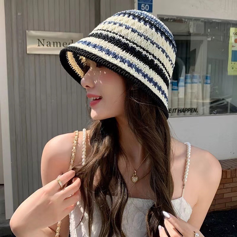 Hollowed-out Breathable Bucket Hat With Colorful Stripes For Women Summer Style