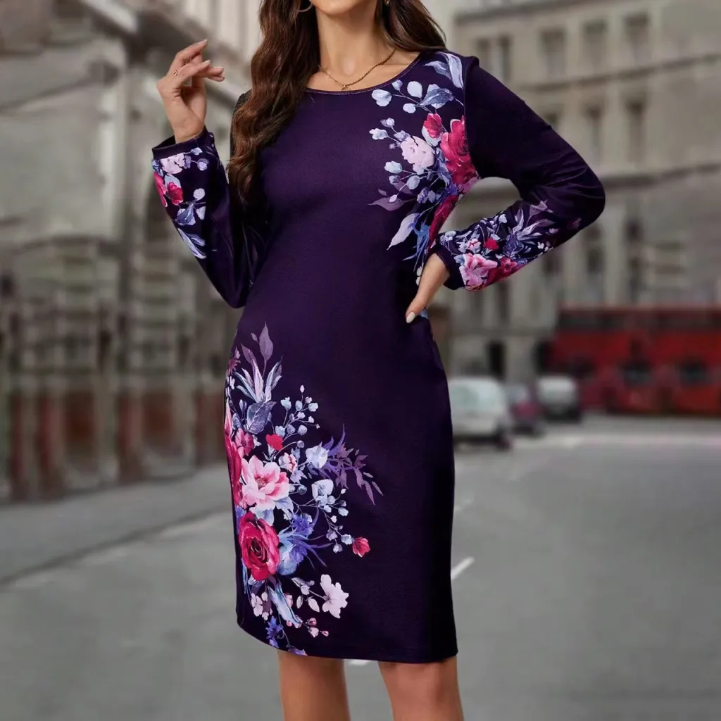 Floral Print Loose Temperament Dress In Stock - Purple
